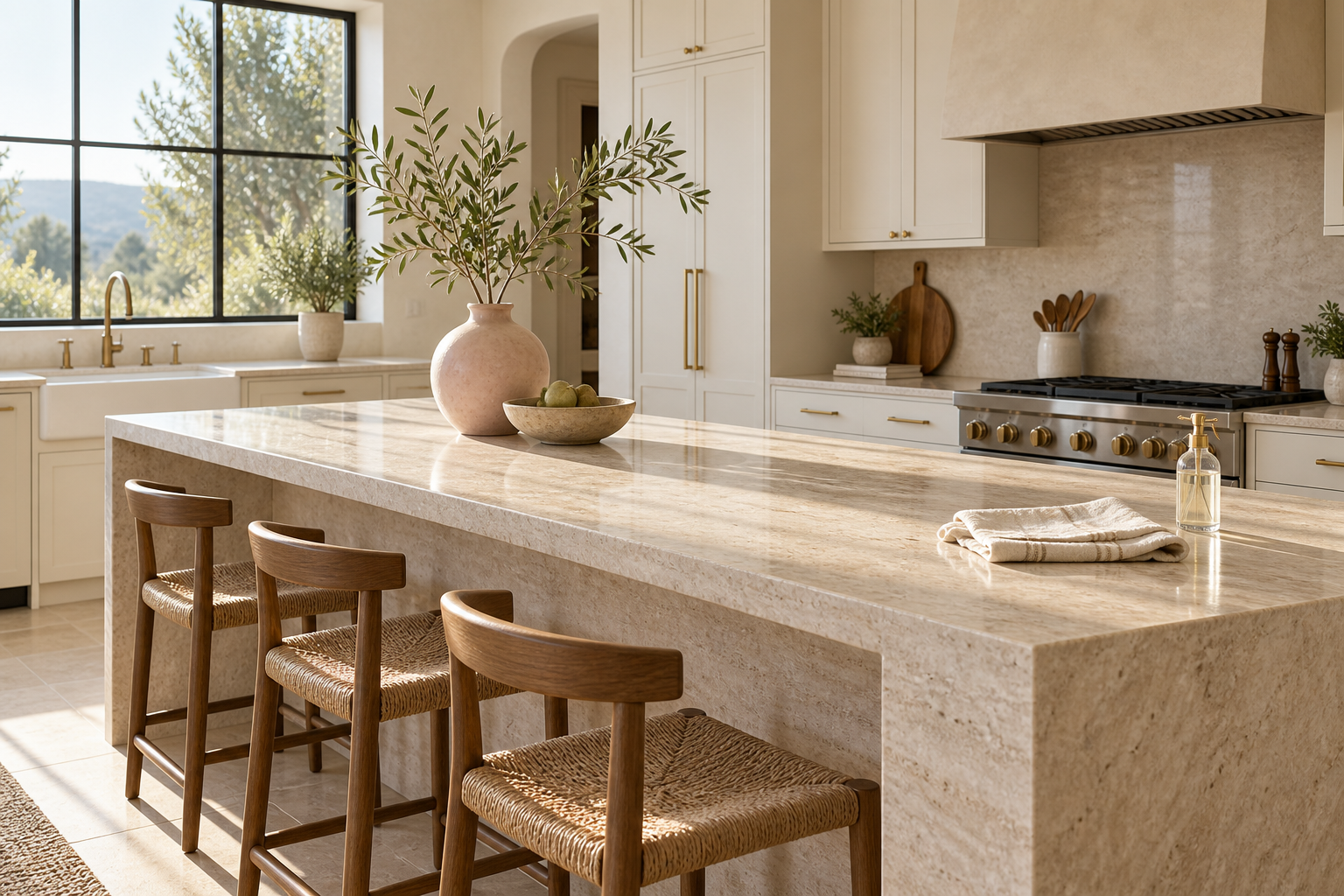 Concept kitchen with ivory cabinetry, a sunlit island and blush vase