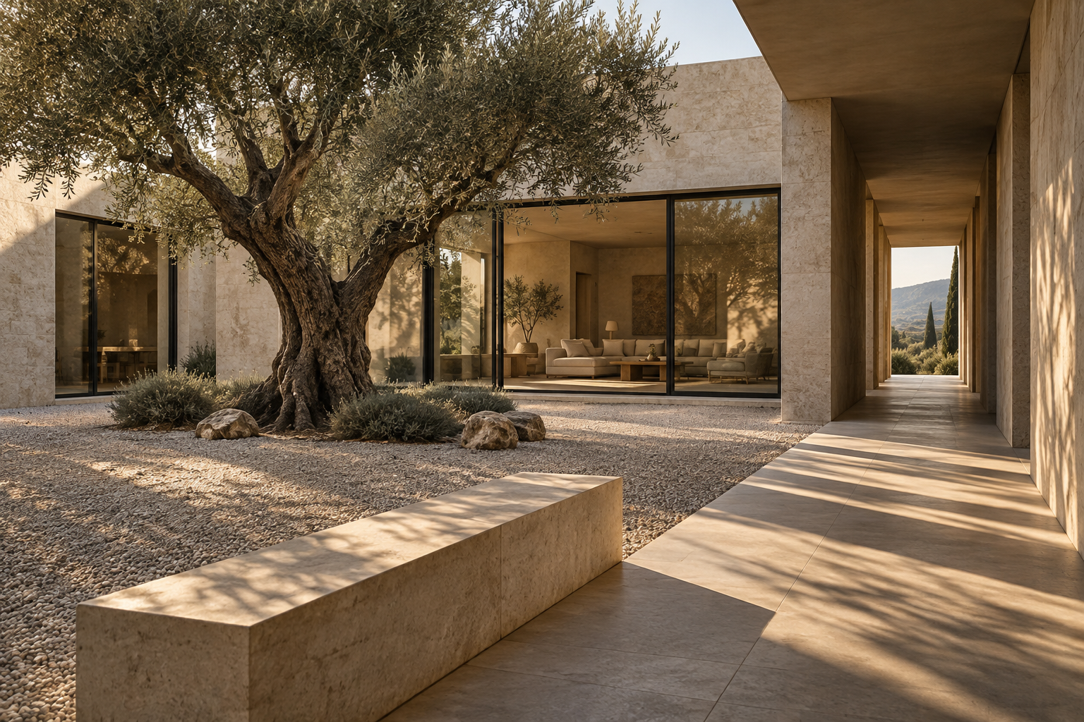 Fictional limestone courtyard house with an olive tree and deep shaded walkway