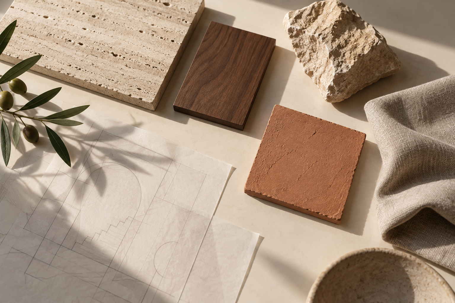 Illustrative palette of limestone, walnut, linen and clay plaster